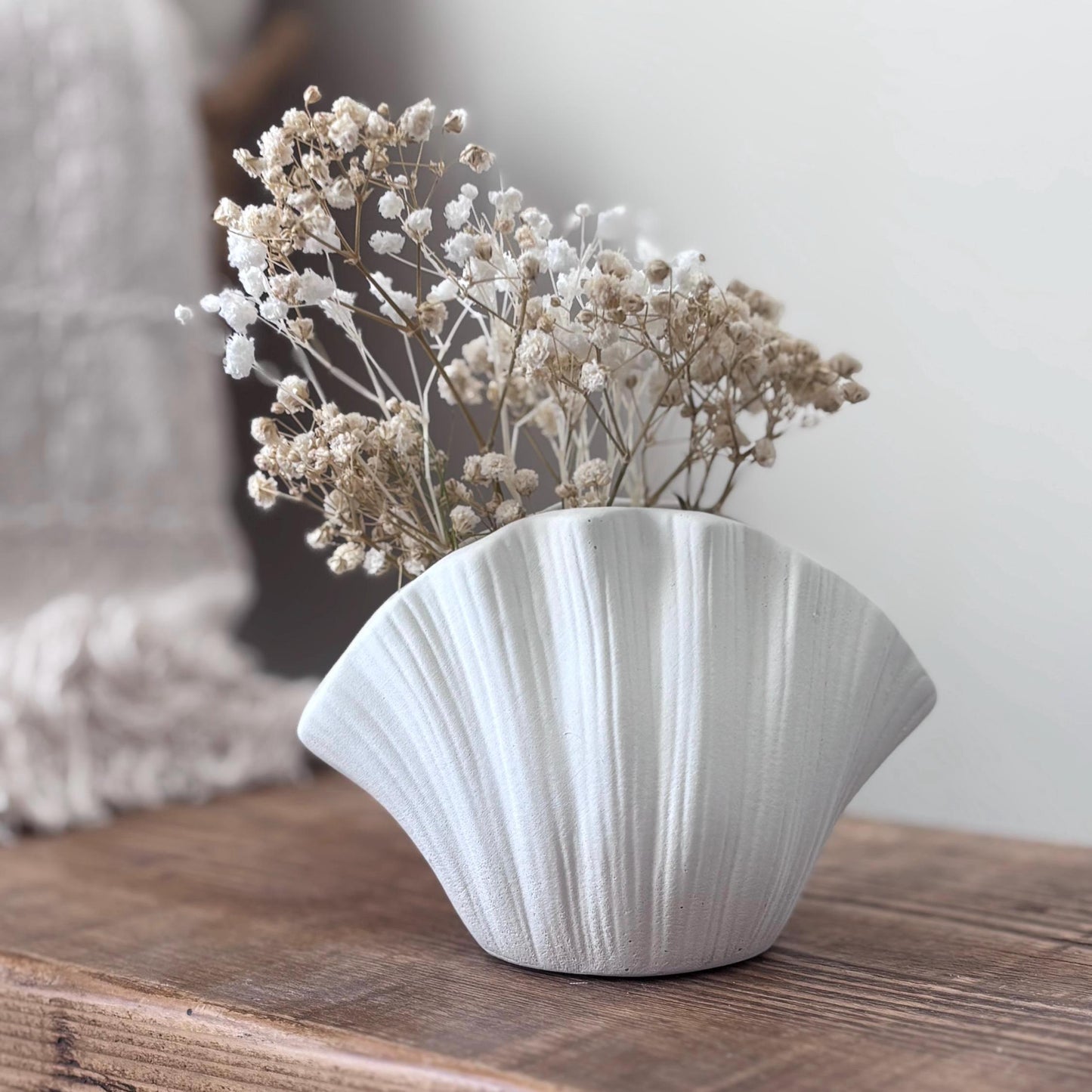 Concrete Shell Vase with Dried Gypsophila