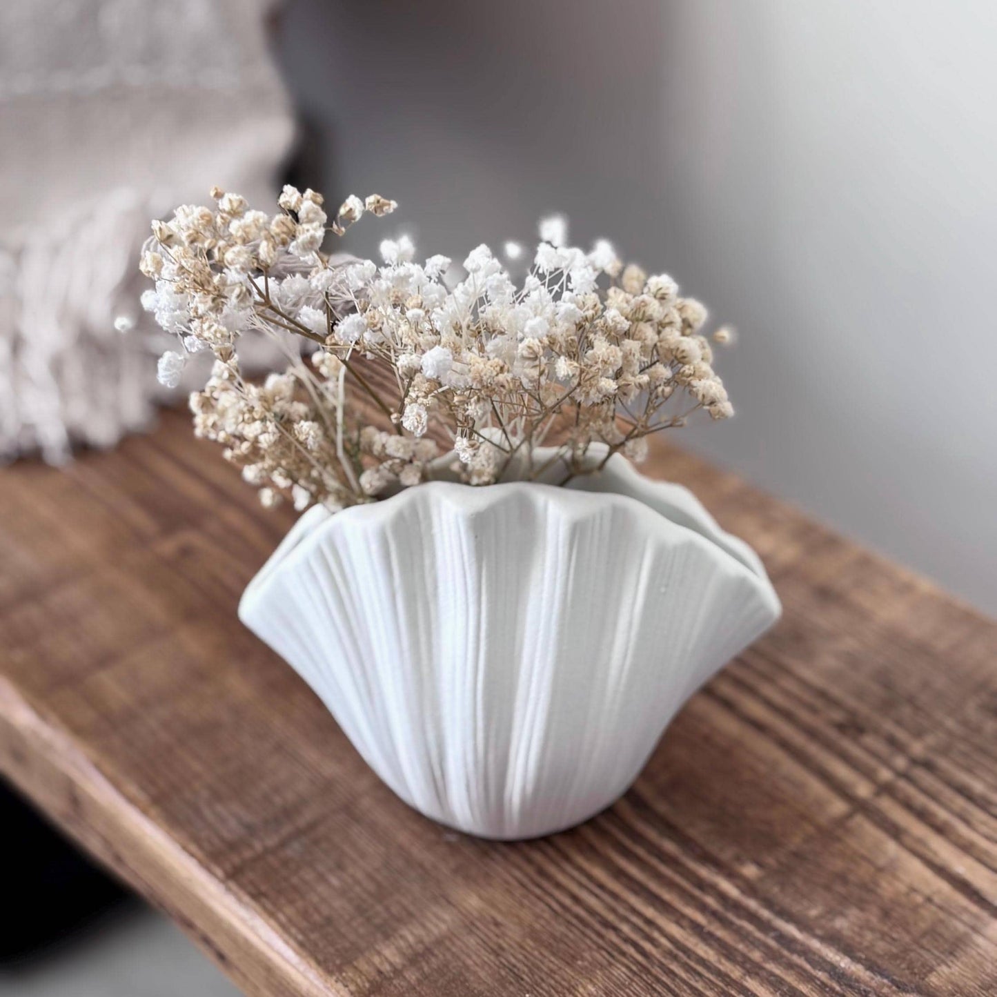 Concrete Shell Vase with Dried Gypsophila