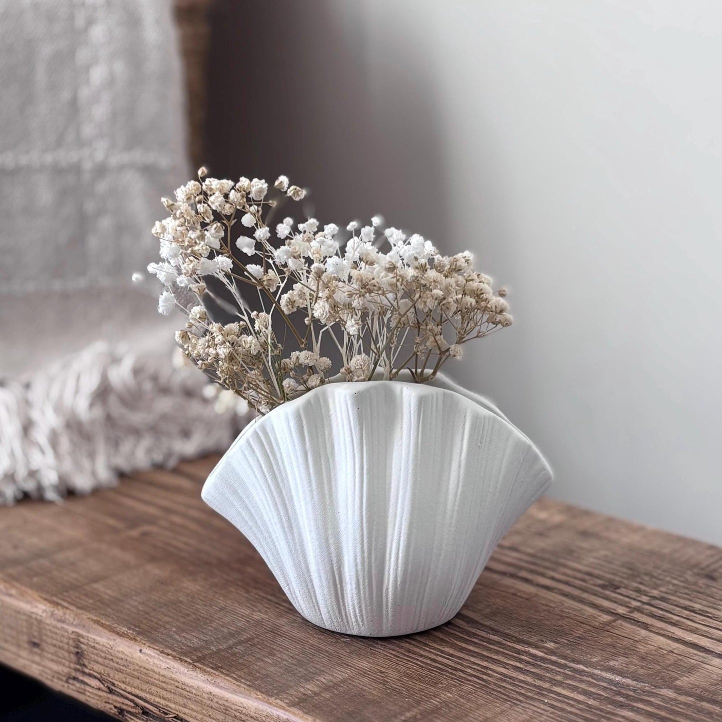 Concrete Shell Vase with Dried Gypsophila