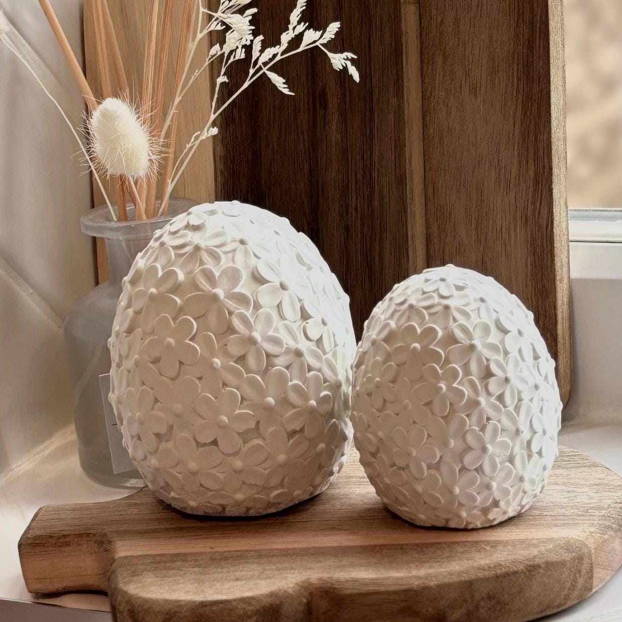 White Concrete Floral Eggs