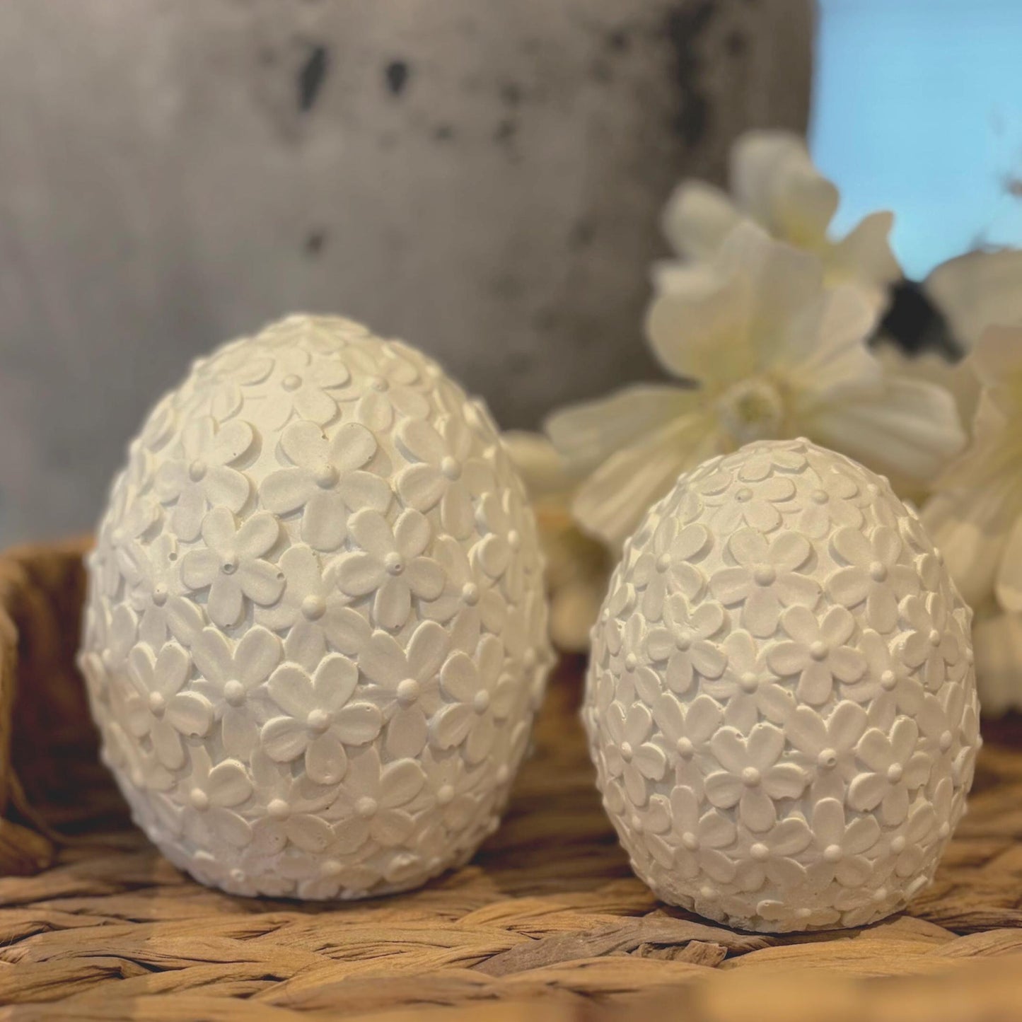 White Concrete Floral Eggs