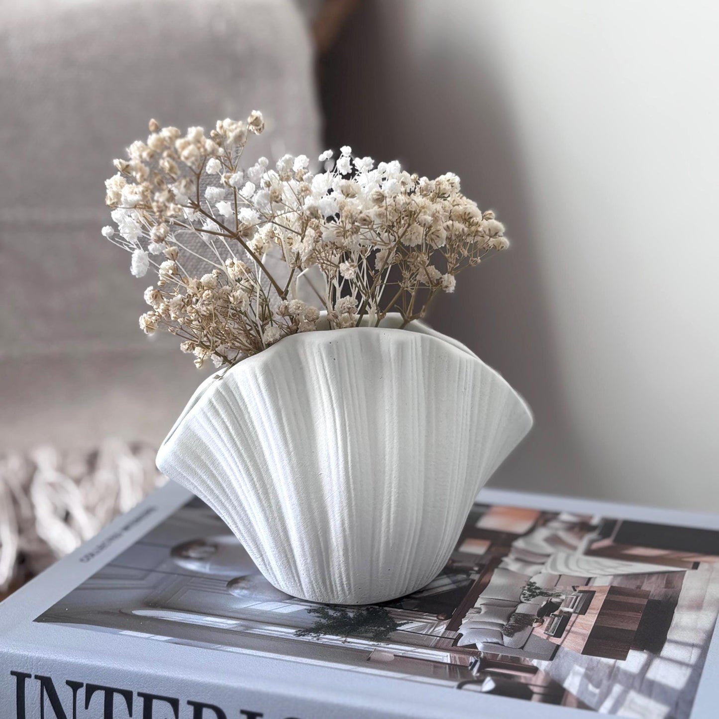 Concrete Shell Vase with Dried Gypsophila