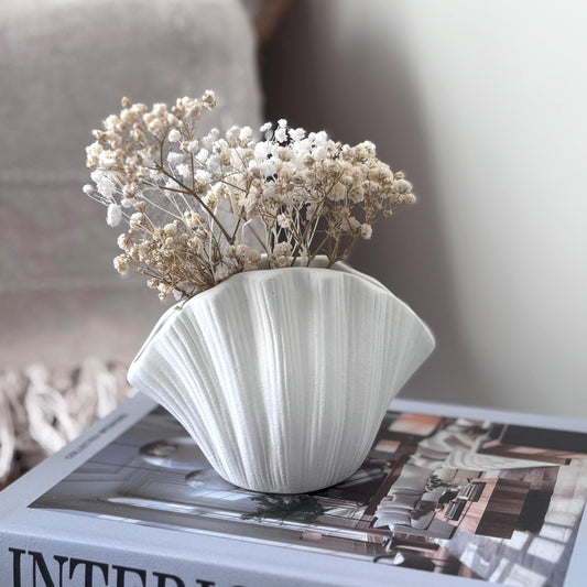 Concrete Shell Vase with Dried Gypsophila