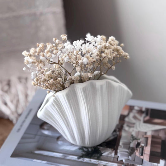 Concrete Shell Vase with Dried Gypsophila