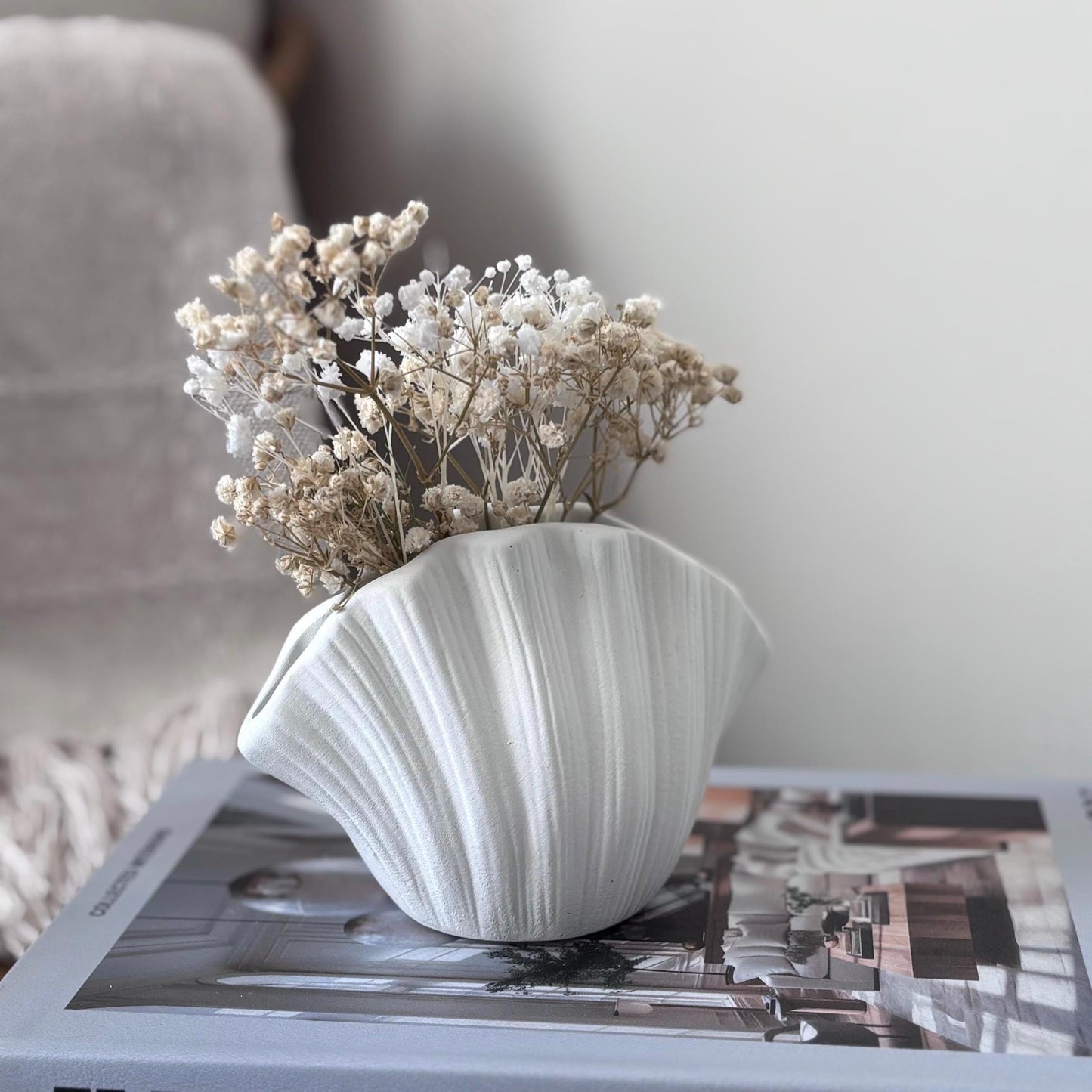Concrete Shell Vase with Dried Gypsophila
